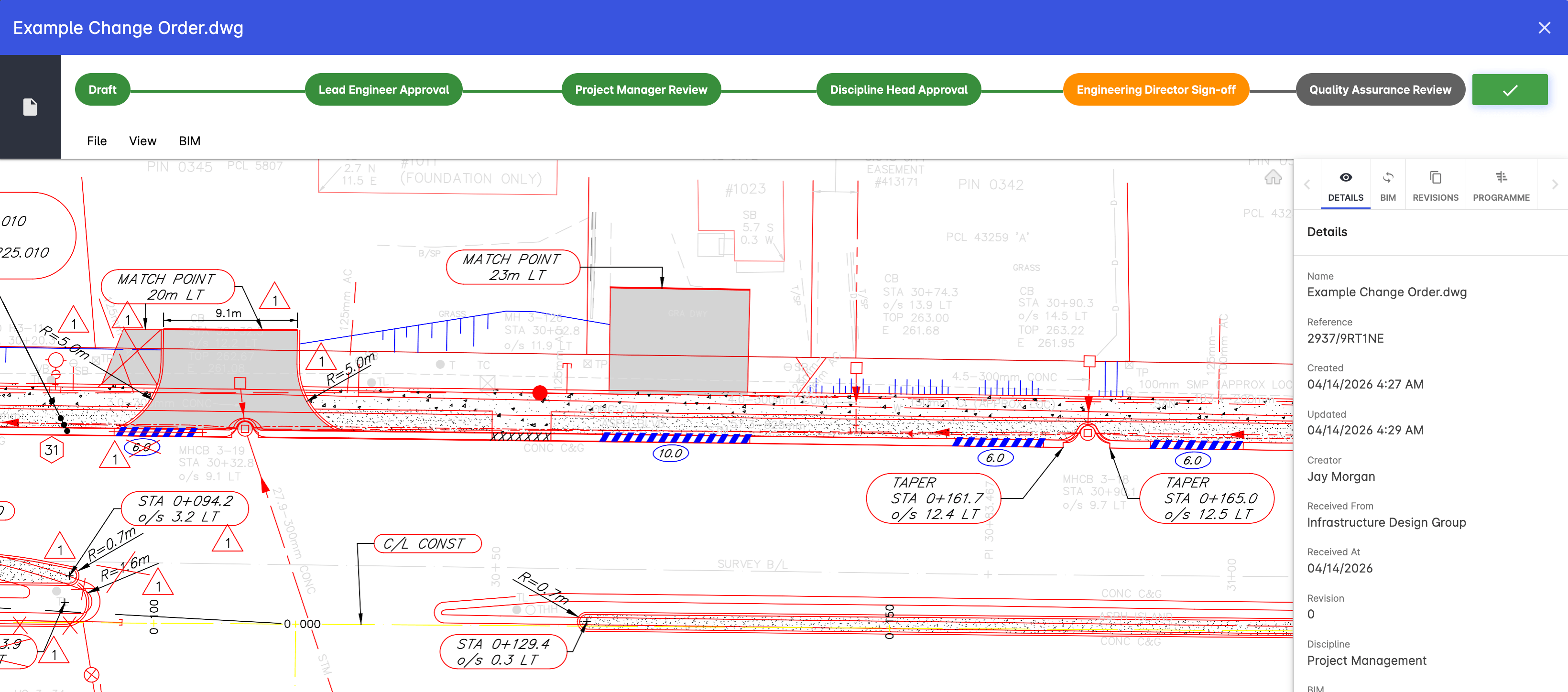 Archdesk drawing viewer with revision approval workflow and controlled document details