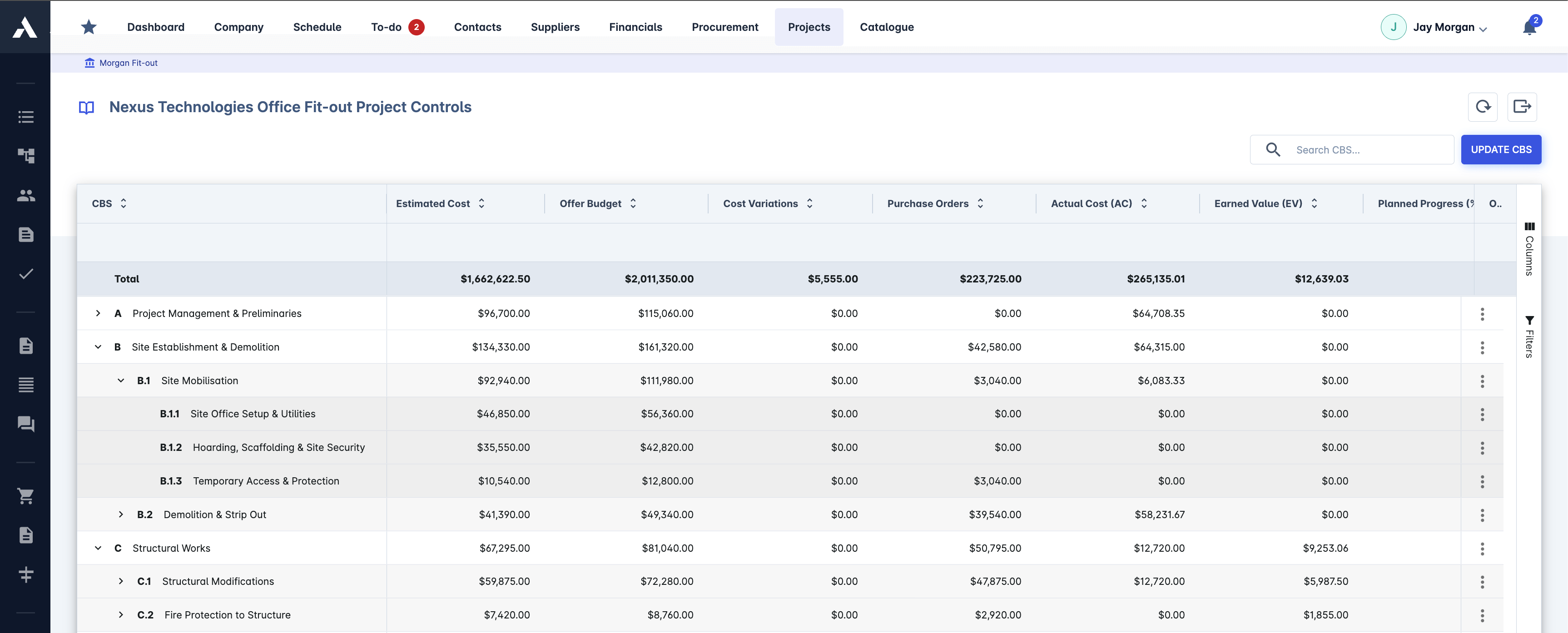 Archdesk project controls with estimated cost, budget, variations, purchase orders, actual cost and earned value per cost line