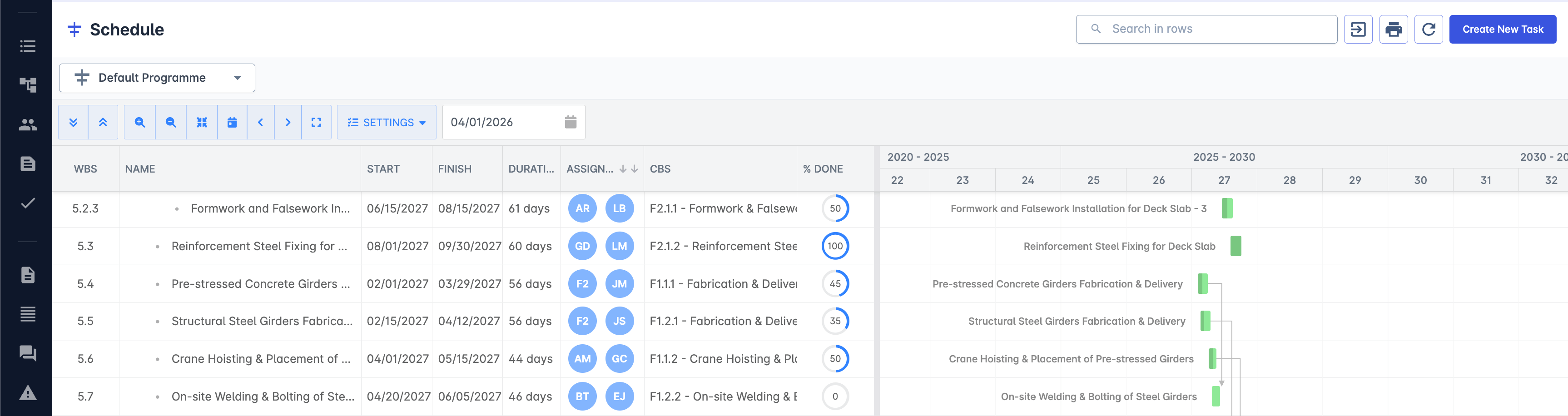 Archdesk Gantt schedule with assigned crews, progress and task dependencies
